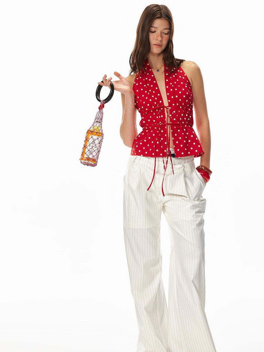 STRIKE A POSE Red Polka Dot Backless Drawstring Waist Slim Women&