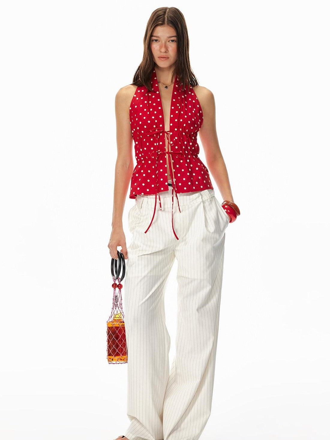 STRIKE A POSE Red Polka Dot Backless Drawstring Waist Slim Women&
