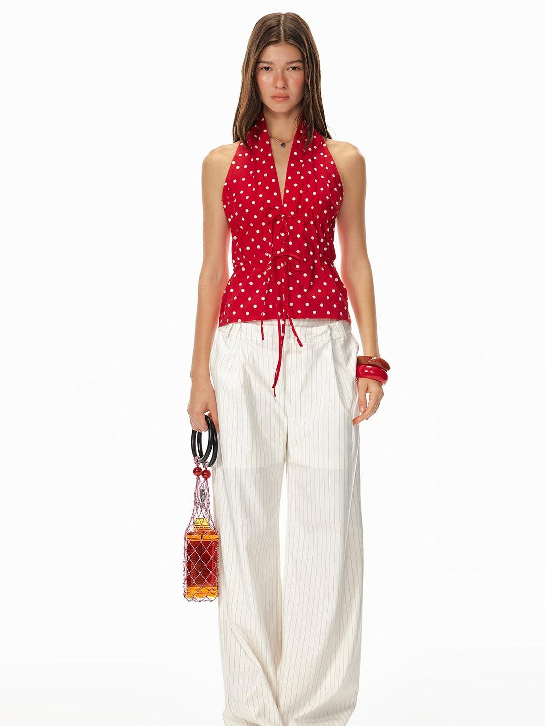 STRIKE A POSE Red Polka Dot Backless Drawstring Waist Slim Women&