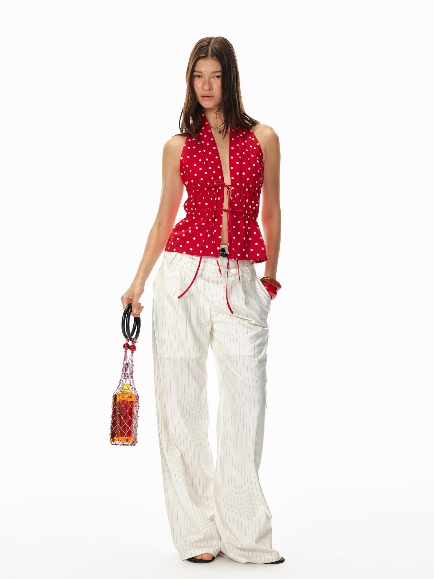 STRIKE A POSE Red Polka Dot Backless Drawstring Waist Slim Women&
