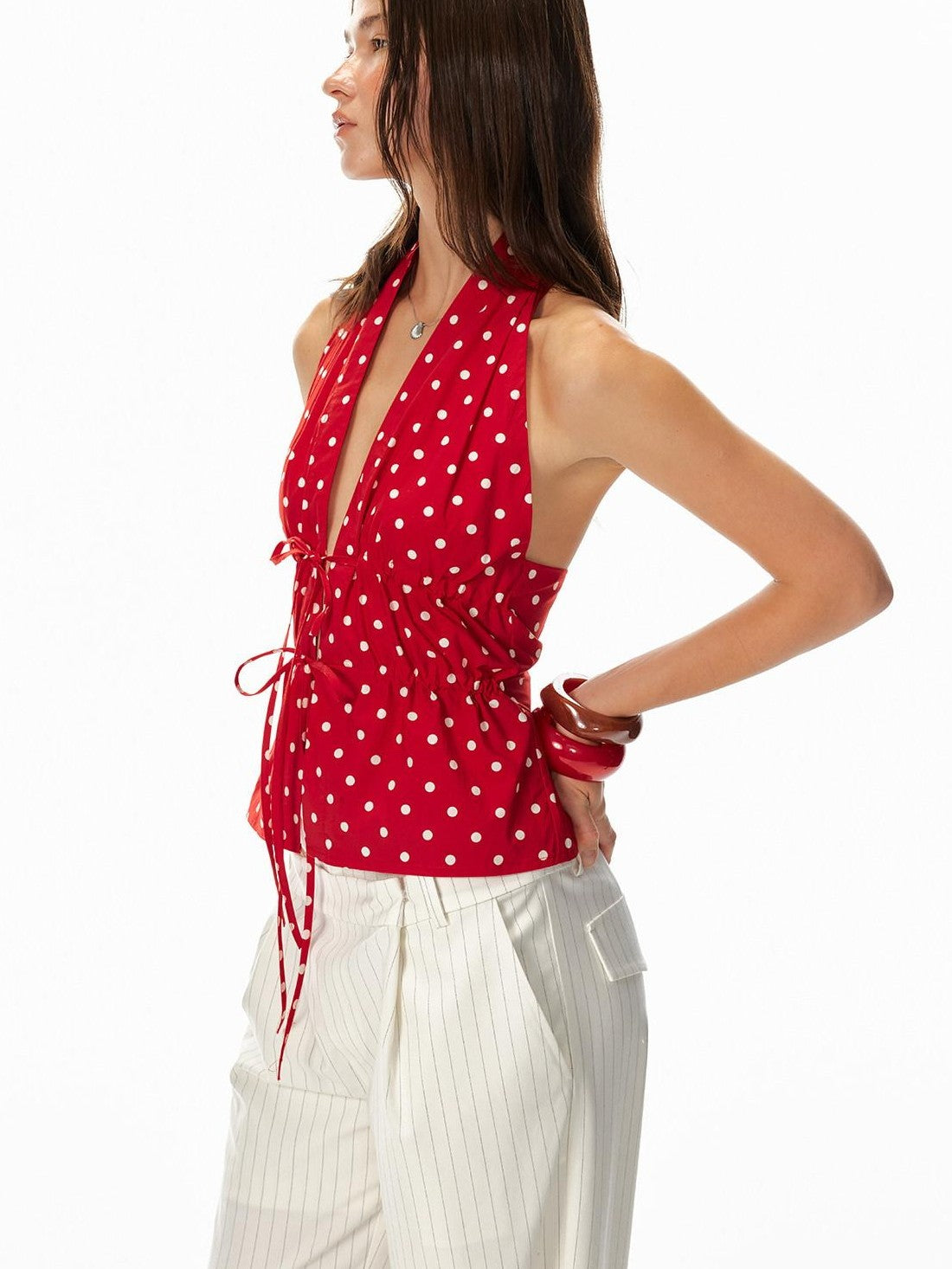 STRIKE A POSE Red Polka Dot Backless Drawstring Waist Slim Women&