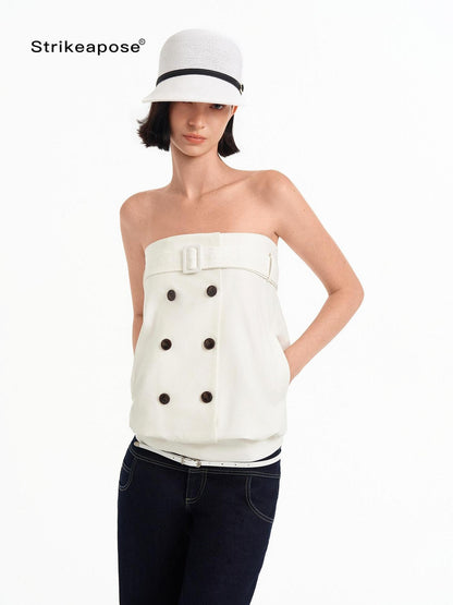 STRIKE A POSE Relaxed A Line Deconstructed Double Row Button Women&