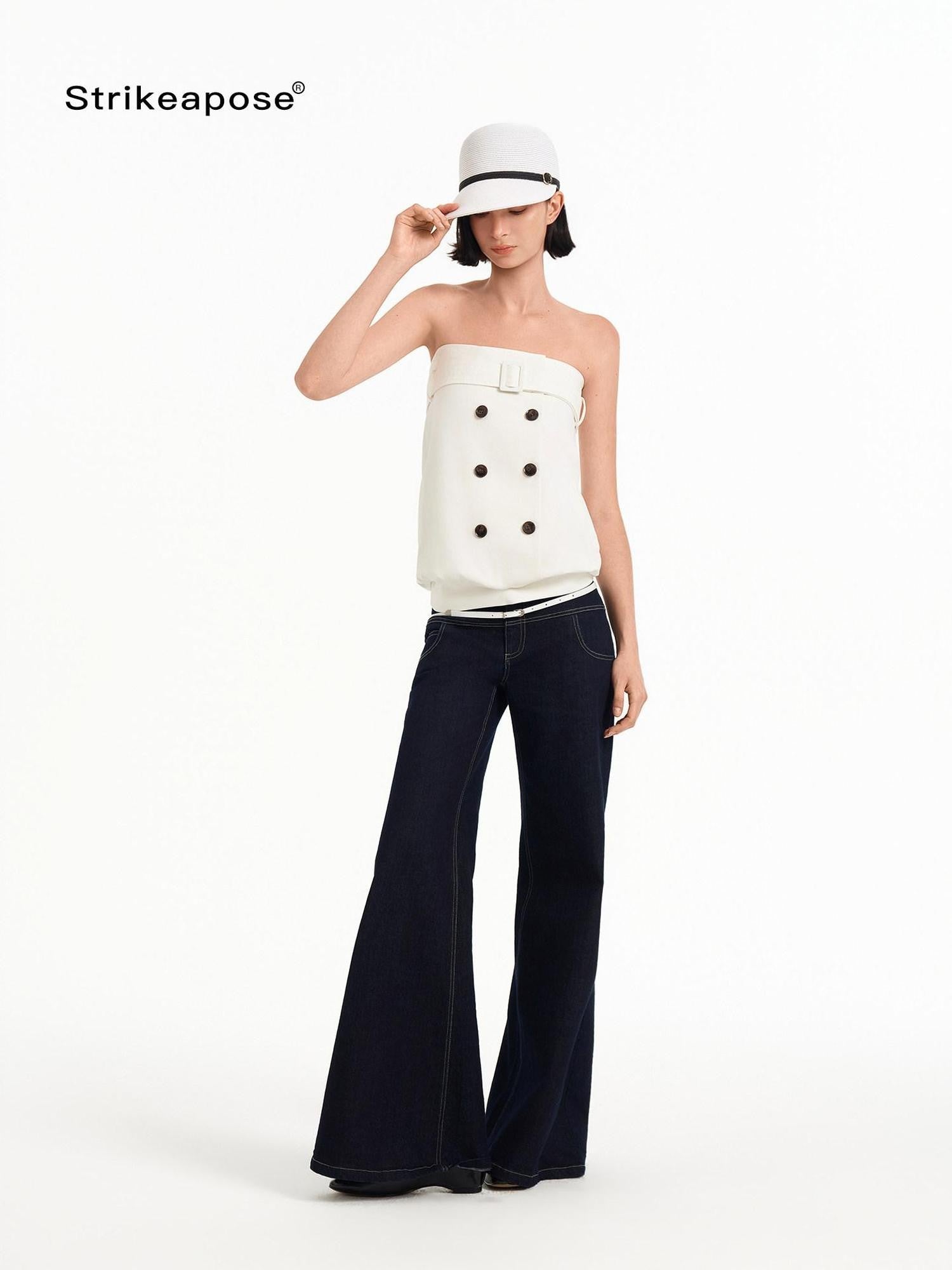 STRIKE A POSE Relaxed A Line Deconstructed Double Row Button Women&