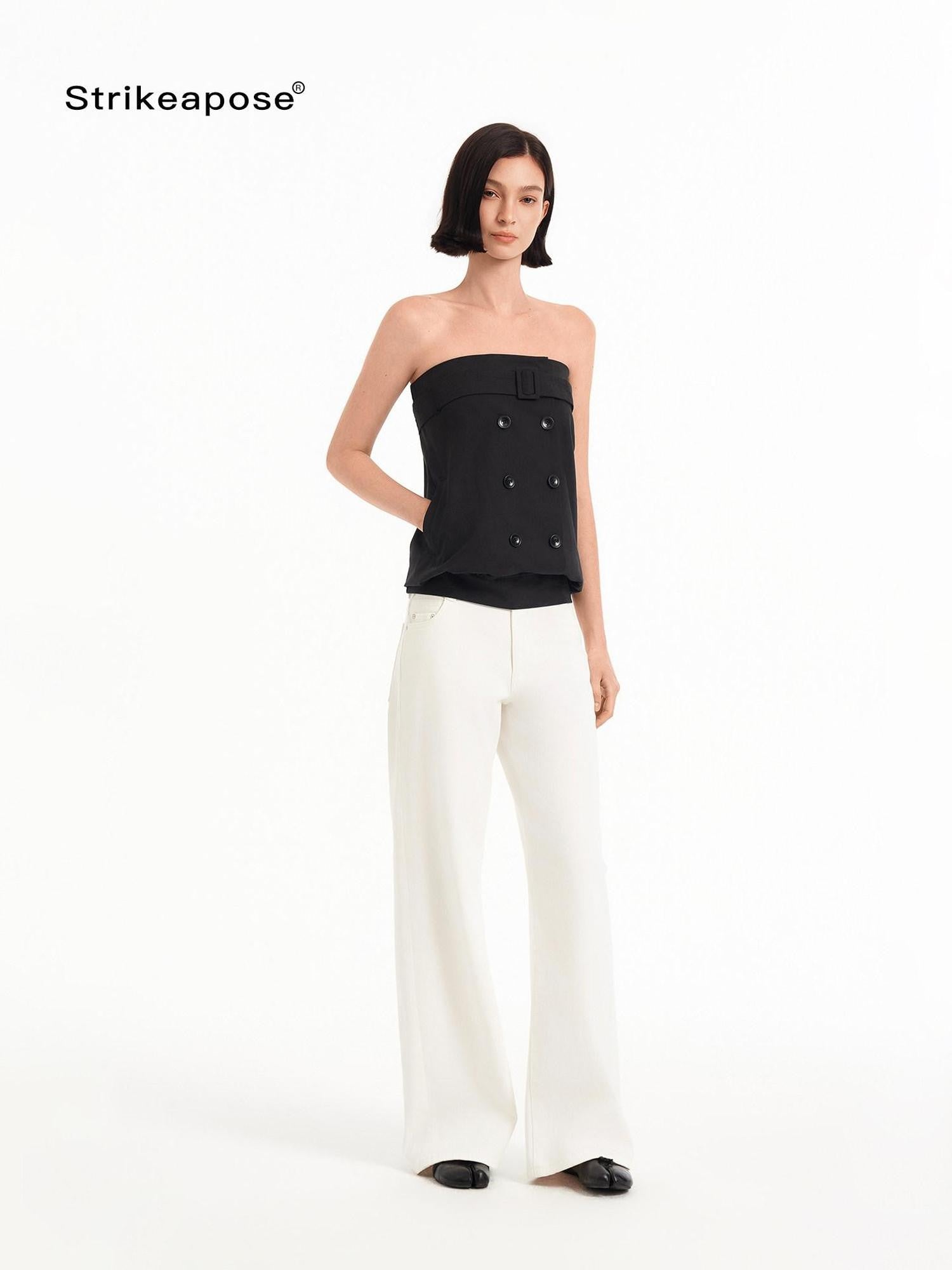 STRIKE A POSE Relaxed A Line Deconstructed Double Row Button Women&