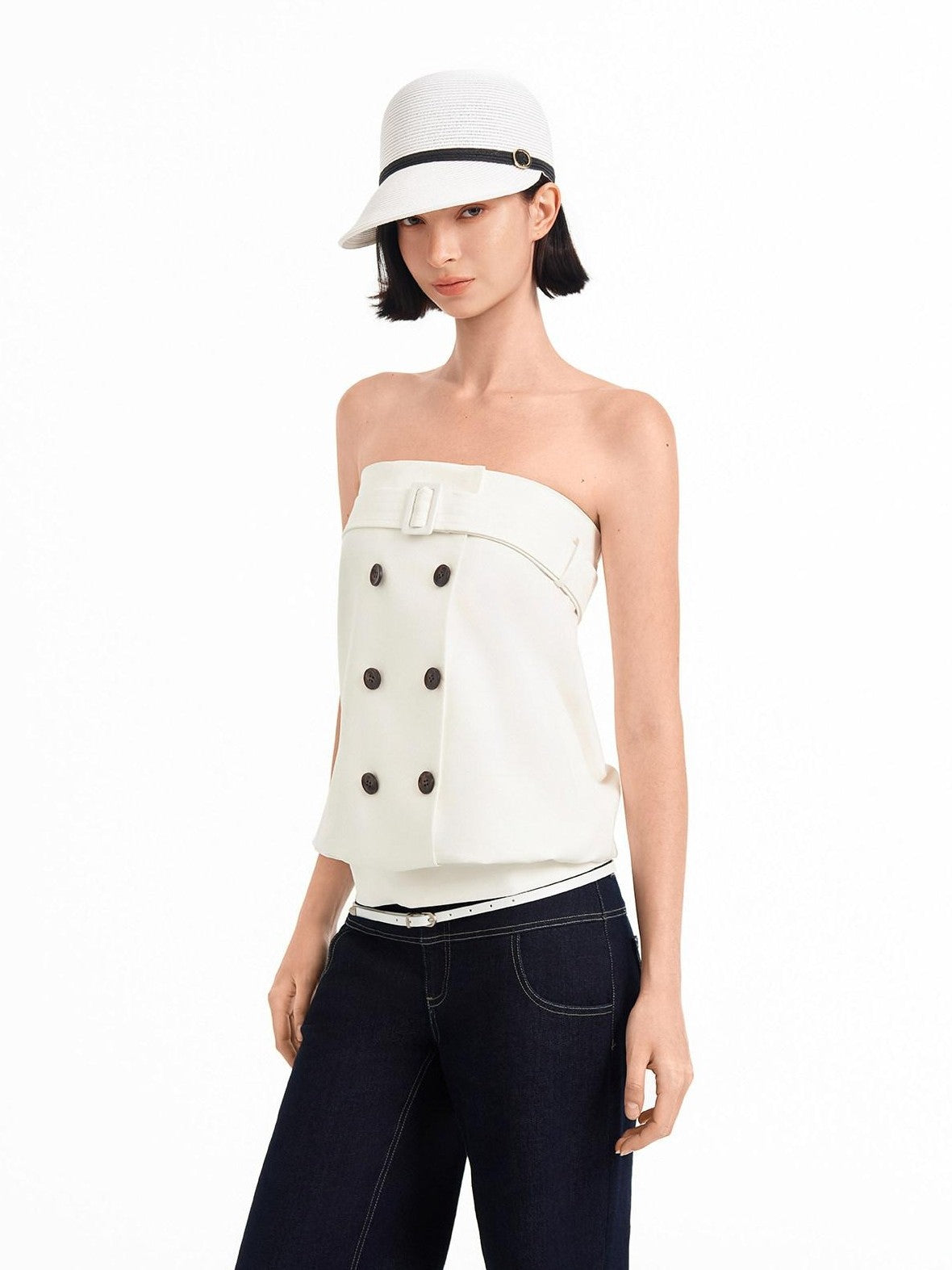 STRIKE A POSE Relaxed A Line Deconstructed Double Row Button Women&