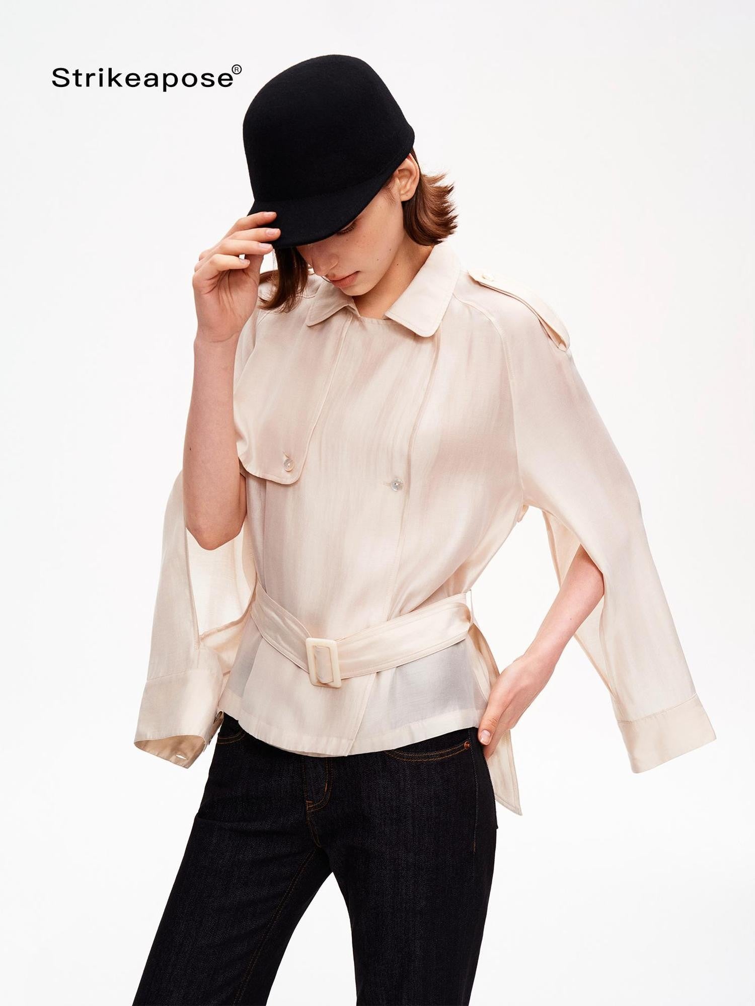 STRIKE A POSE Relaxed Lapel Split Sleeve Bow Drawstring Women&