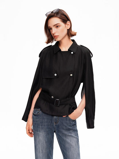 STRIKE A POSE Relaxed Lapel Split Sleeve Bow Drawstring Women&