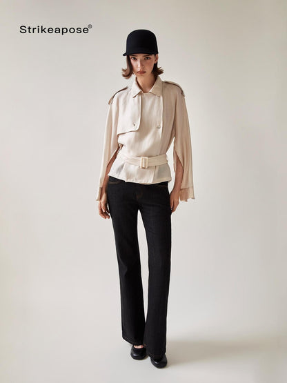 STRIKE A POSE Relaxed Lapel Split Sleeve Bow Drawstring Women&