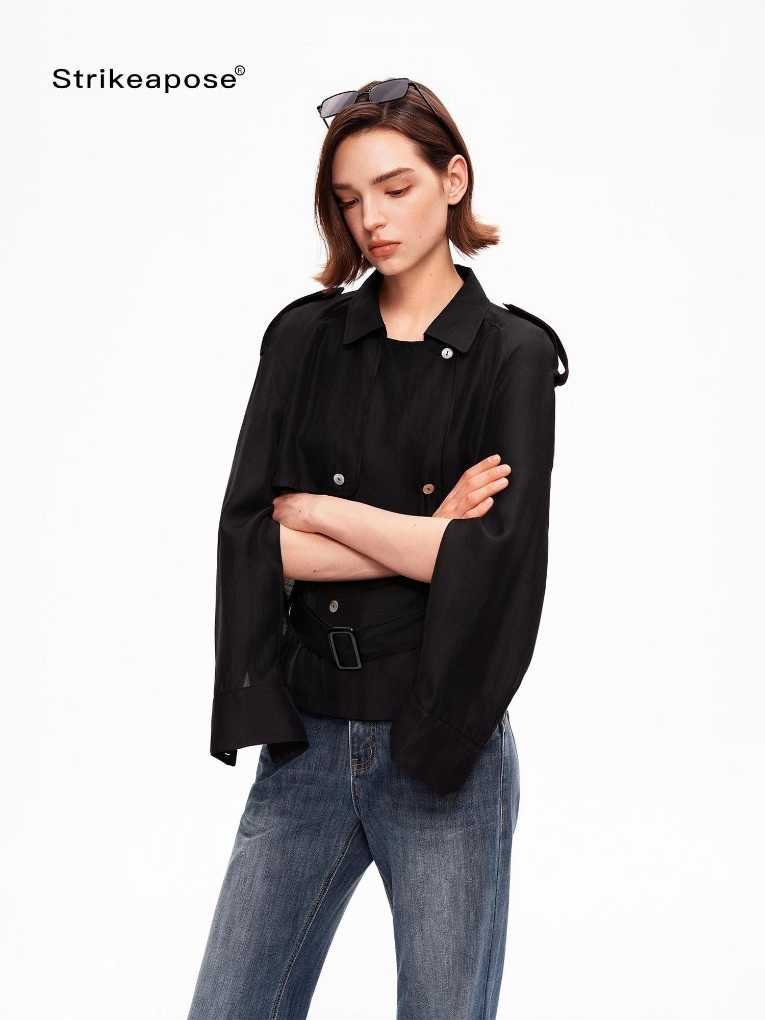 STRIKE A POSE Relaxed Lapel Split Sleeve Bow Drawstring Women&