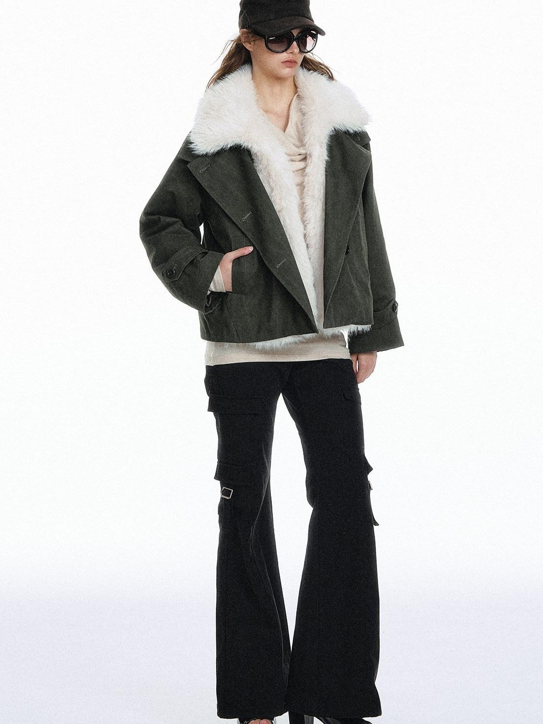 STRIKE A POSE Retro Colorblock Large Fur Collar Oversized Women&