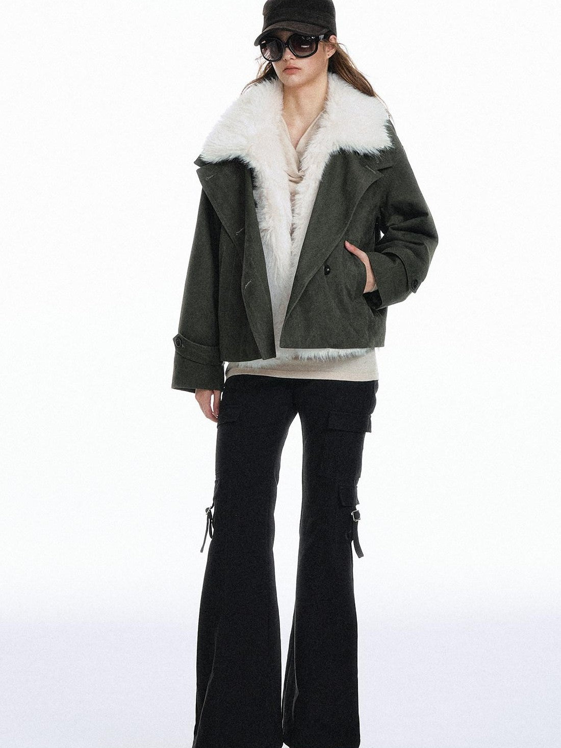 STRIKE A POSE Retro Colorblock Large Fur Collar Oversized Women&