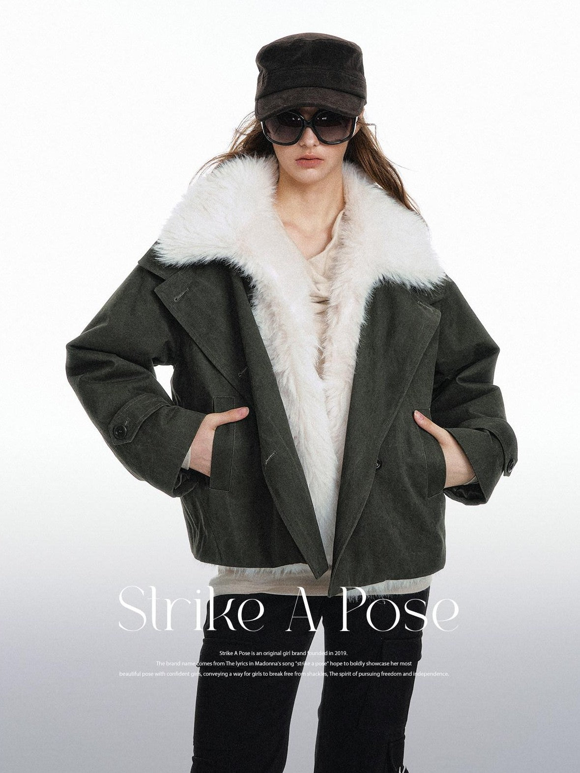 STRIKE A POSE Retro Colorblock Large Fur Collar Oversized Women&