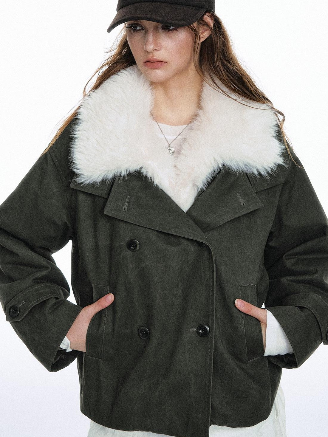 STRIKE A POSE Retro Colorblock Large Fur Collar Oversized Women&