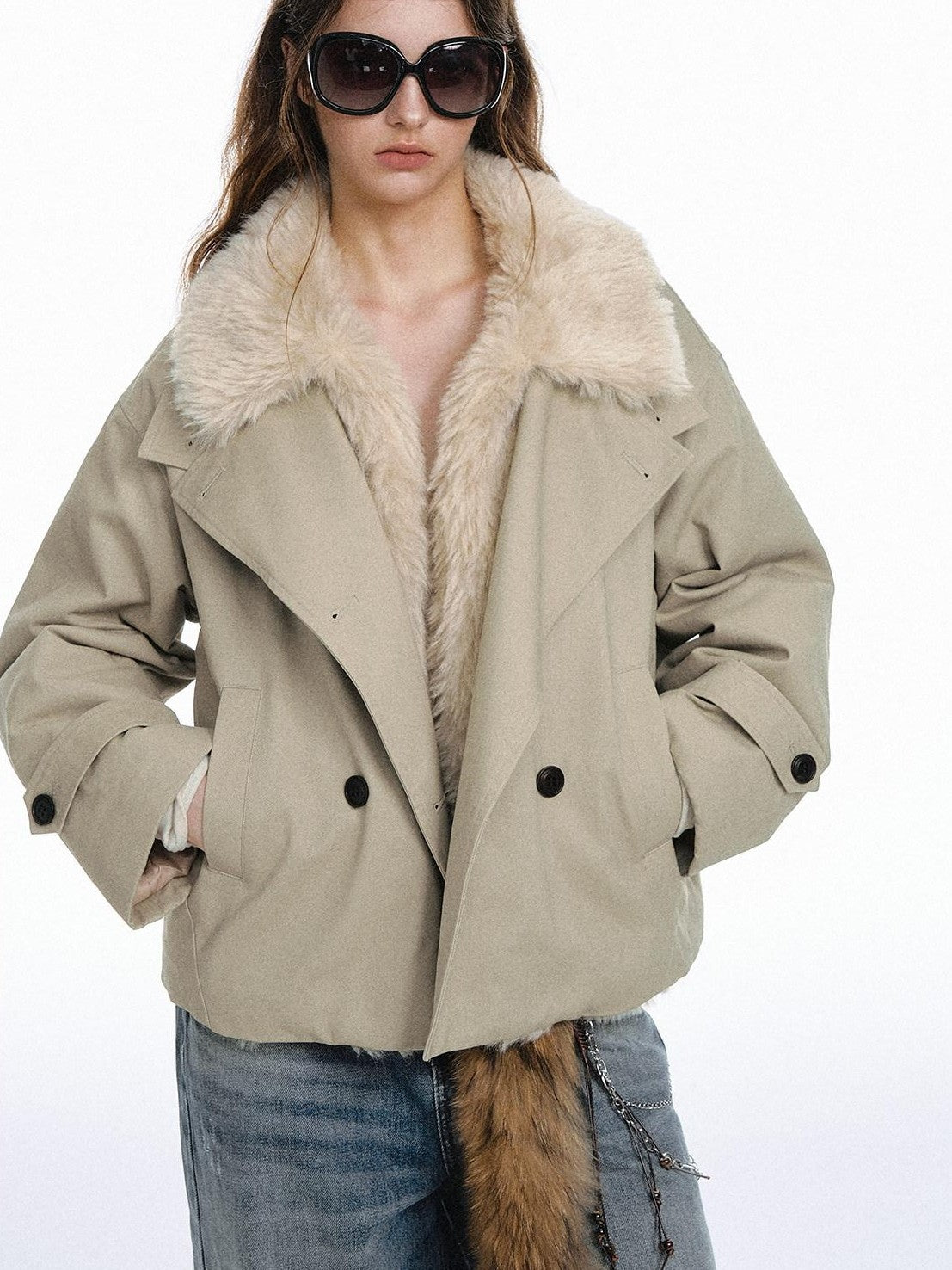 STRIKE A POSE Retro Colorblock Large Fur Collar Oversized Women&