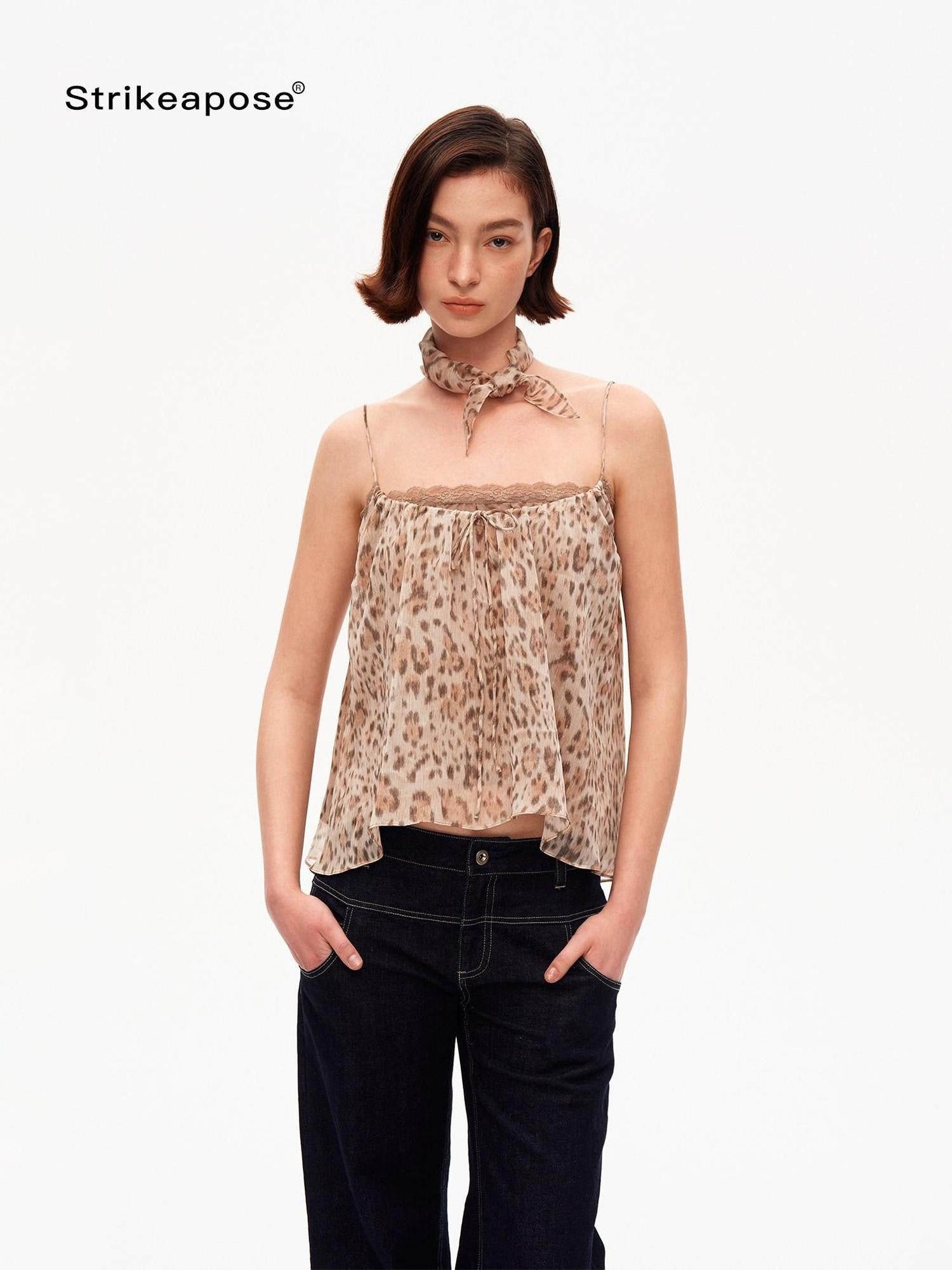 STRIKE A POSE Retro Leopard Print Lace Spliced A Line Square Neck Women&