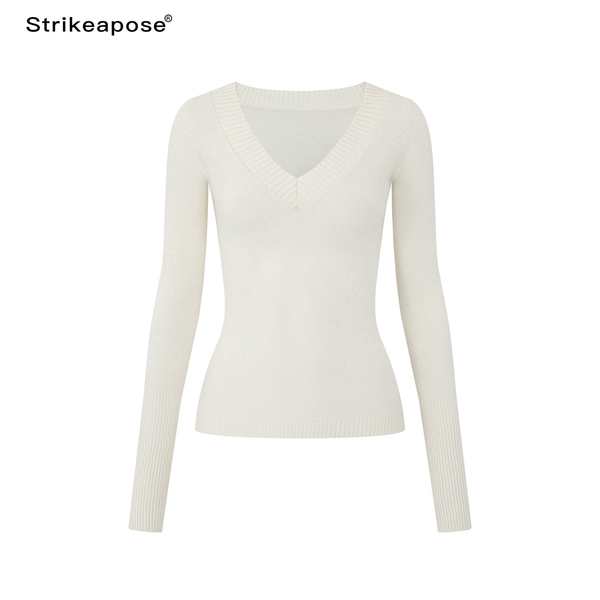 STRIKE_A_POSE_Ribbed_Trim_V-neck_Solid_Wool_Women&