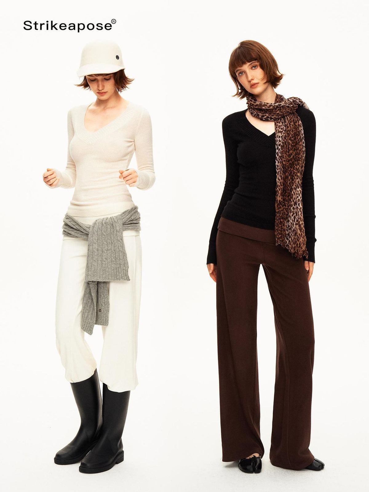 STRIKE A POSE Ribbed Trim V-neck Solid Wool Women&