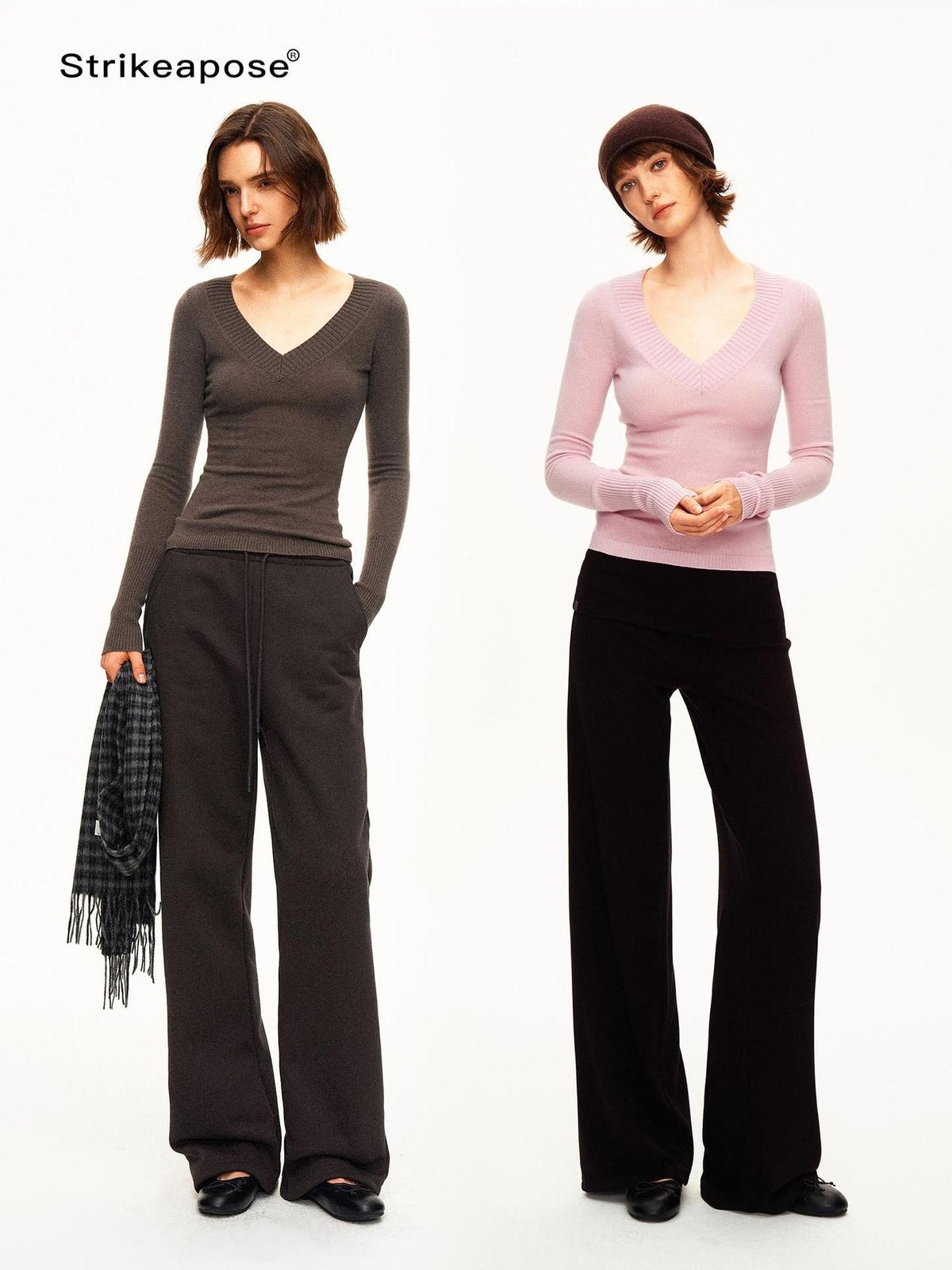 STRIKE A POSE Ribbed Trim V-neck Solid Wool Women&