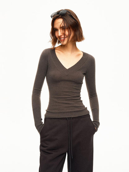 STRIKE A POSE Ribbed Trim V-neck Solid Wool Women&