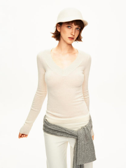 STRIKE A POSE Ribbed Trim V-neck Solid Wool Women&