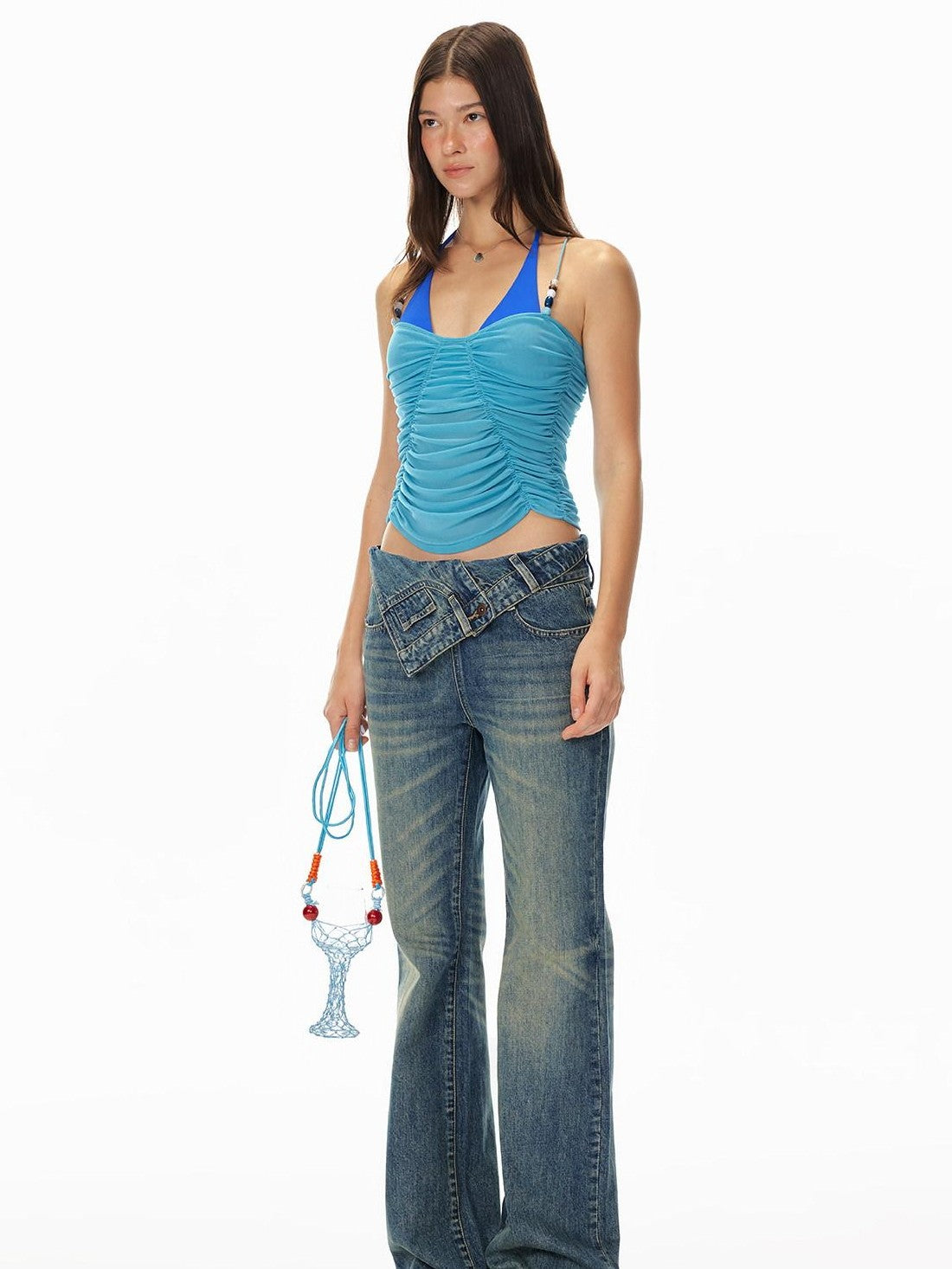 STRIKE A POSE Ruched Beaded Cinched Waist Halter Butterfly Women&