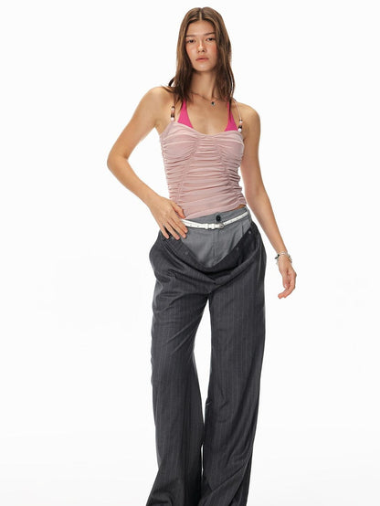 STRIKE A POSE Ruched Beaded Cinched Waist Halter Butterfly Women&
