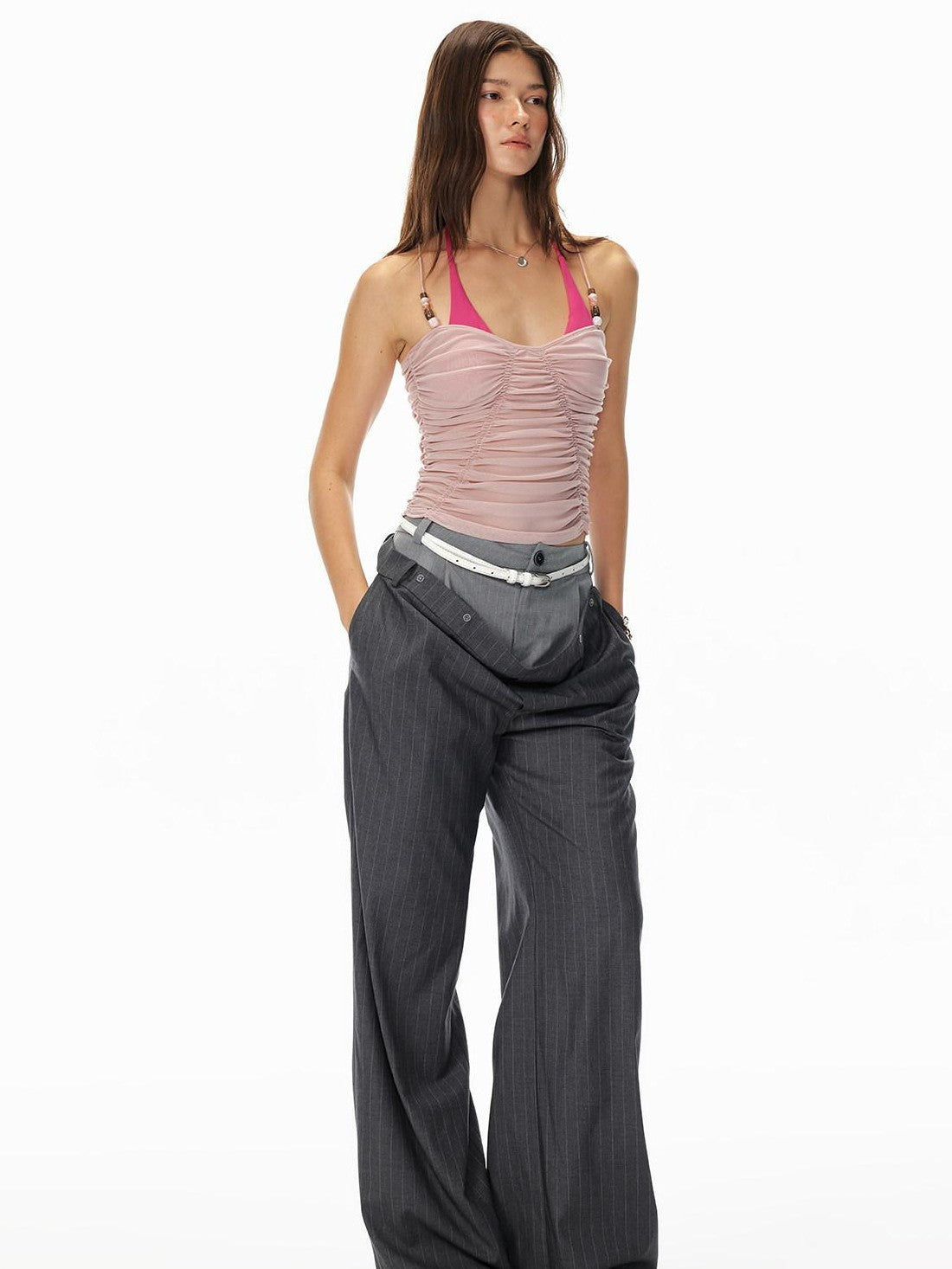 STRIKE A POSE Ruched Beaded Cinched Waist Halter Butterfly Women&