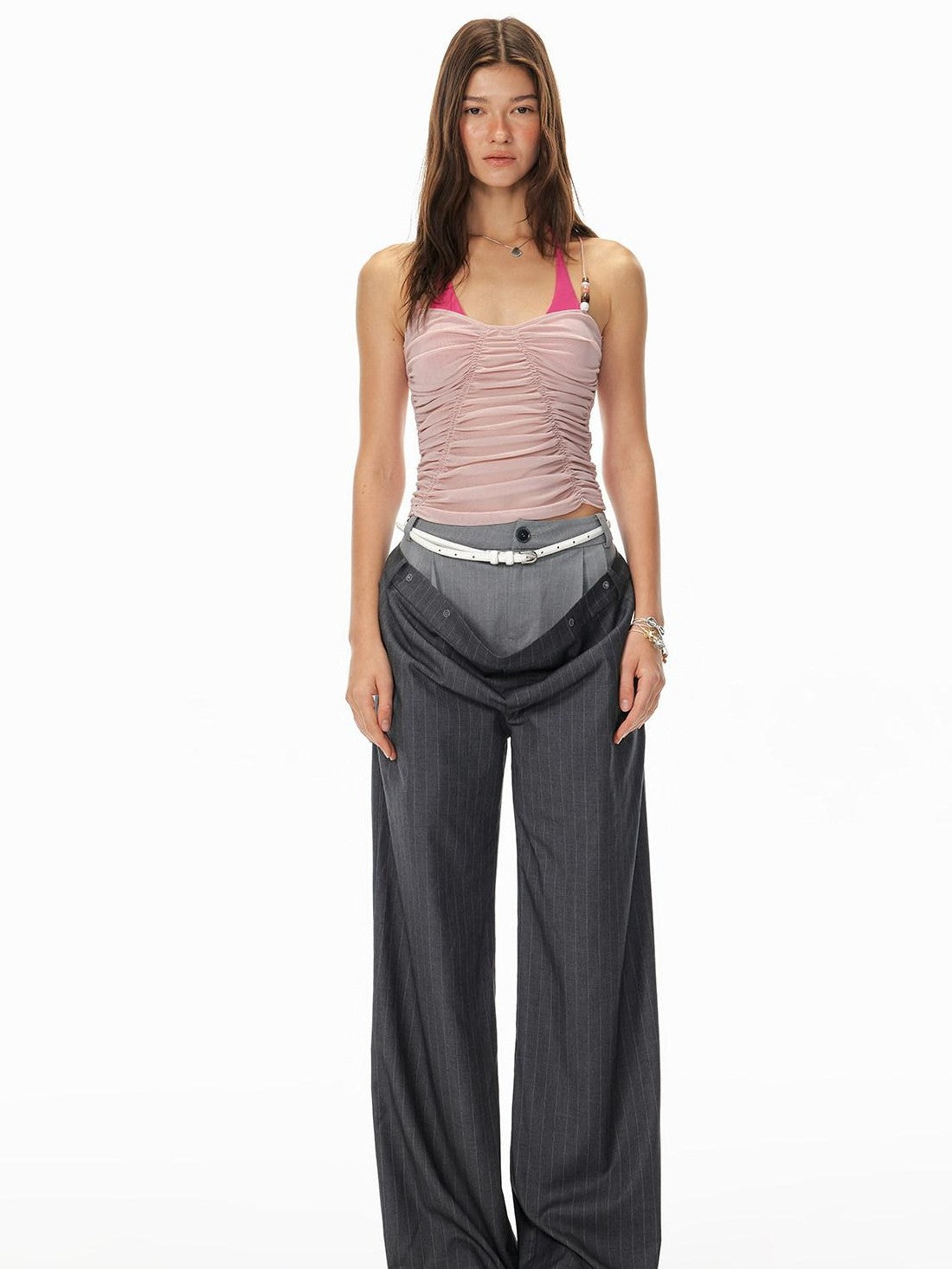STRIKE A POSE Ruched Beaded Cinched Waist Halter Butterfly Women&