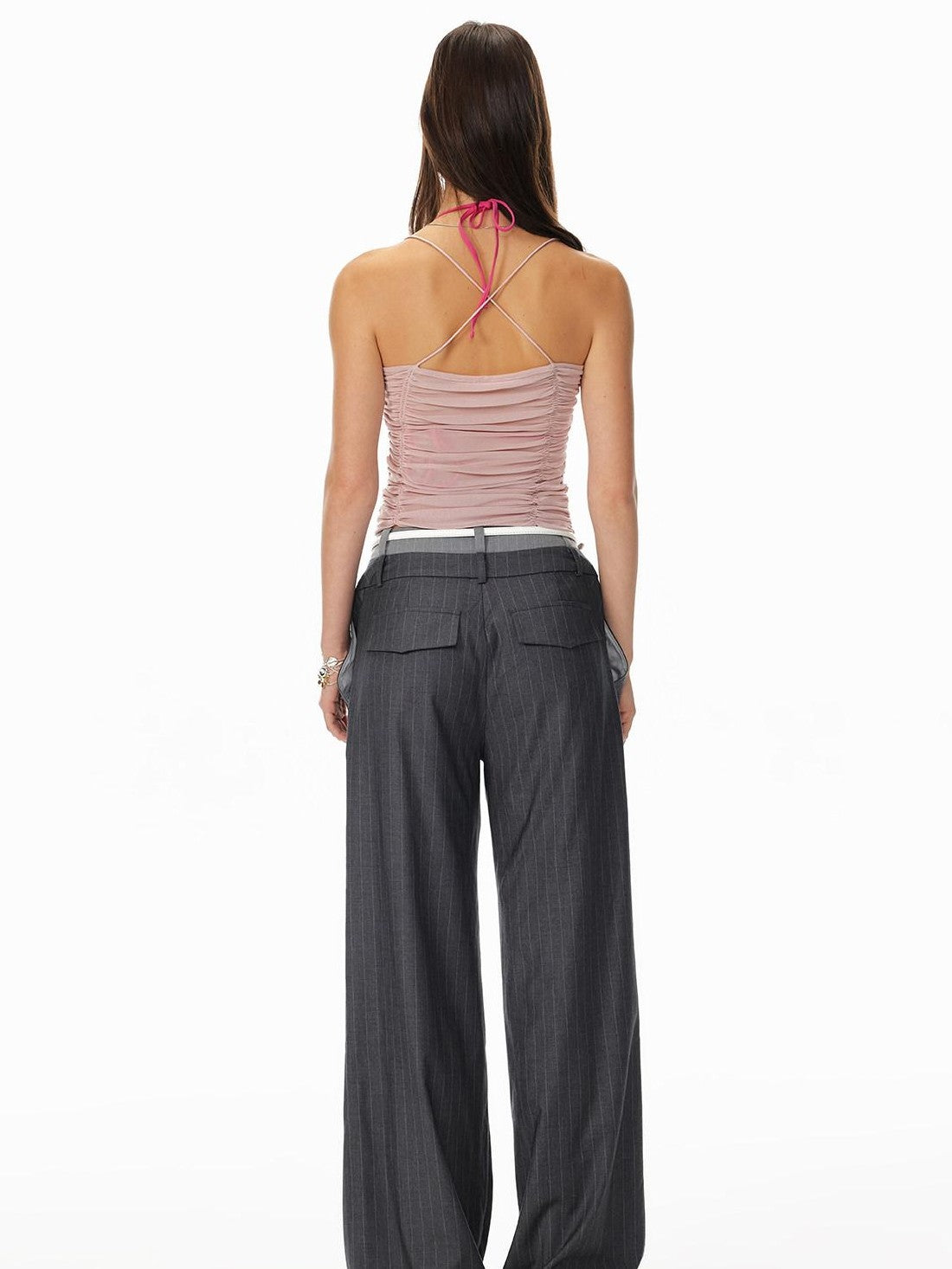 STRIKE A POSE Ruched Beaded Cinched Waist Halter Butterfly Women&