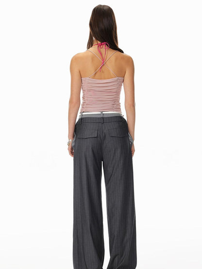 STRIKE A POSE Ruched Beaded Cinched Waist Halter Butterfly Women&