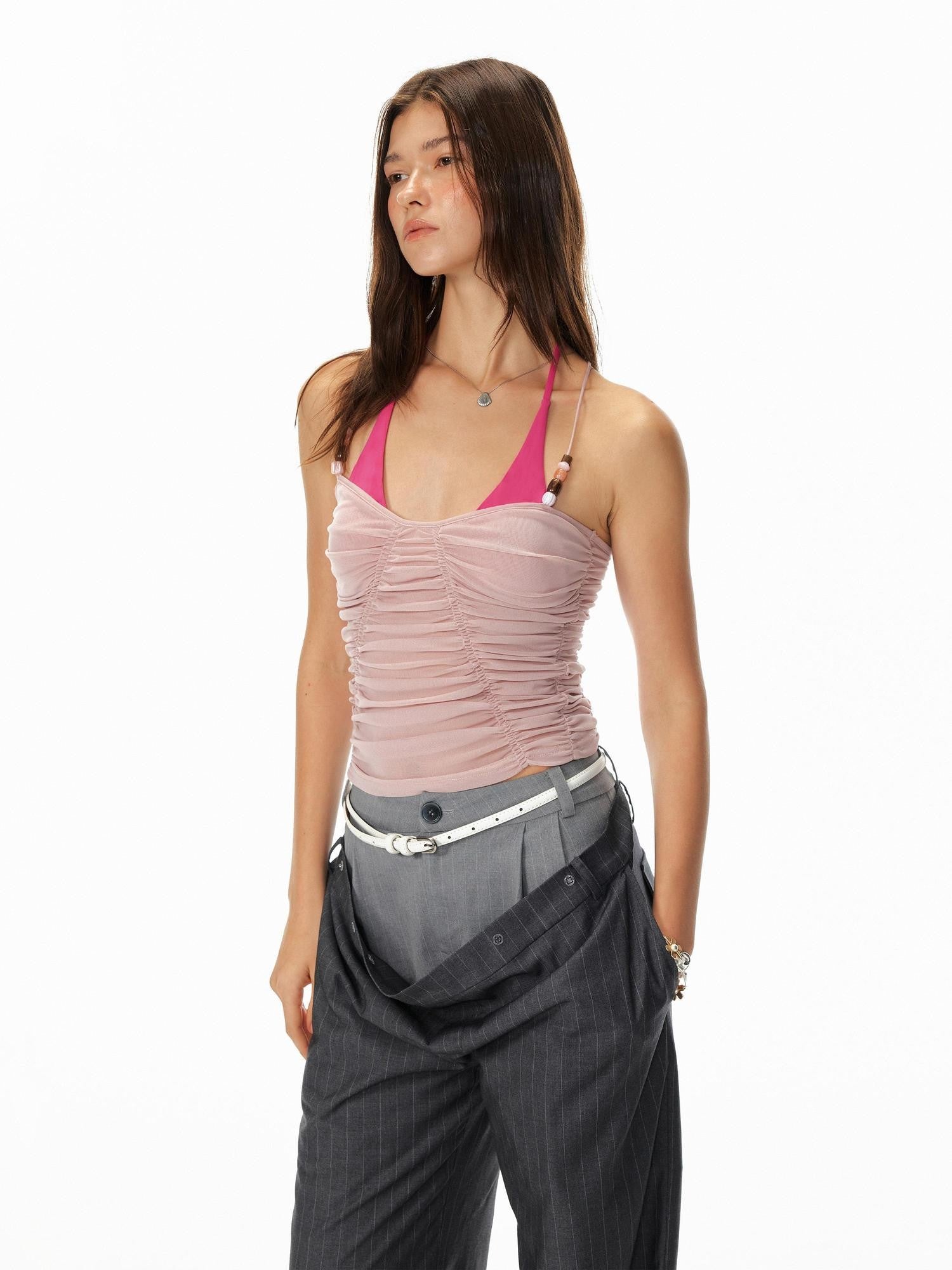 STRIKE A POSE Ruched Beaded Cinched Waist Halter Butterfly Women&