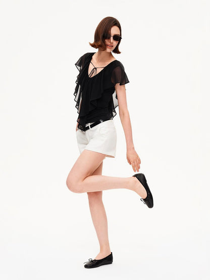 STRIKE A POSE Ruffle Trim V-neck Knit Lyocell Women&