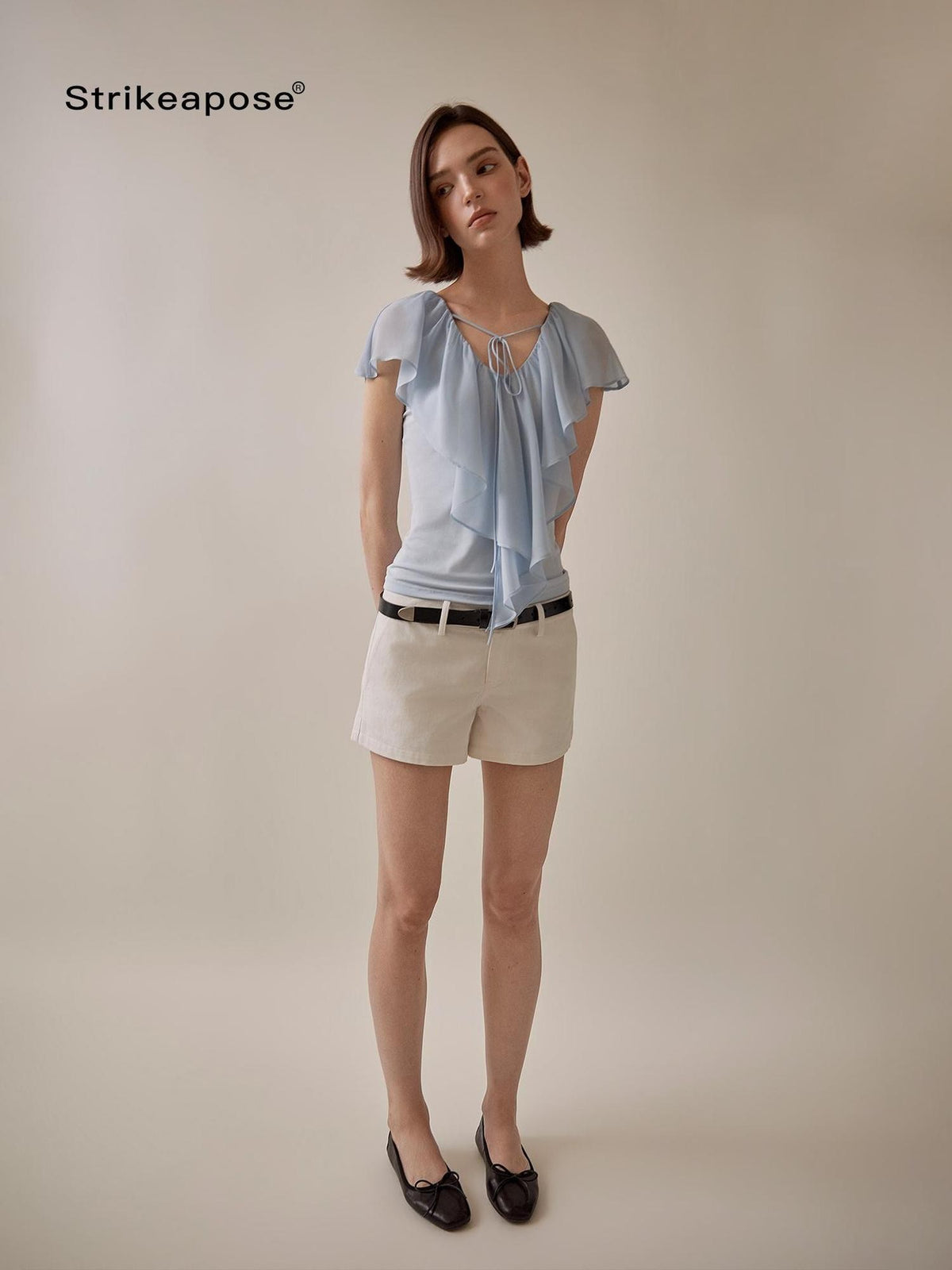 STRIKE A POSE Ruffle Trim V-neck Knit Lyocell Women&