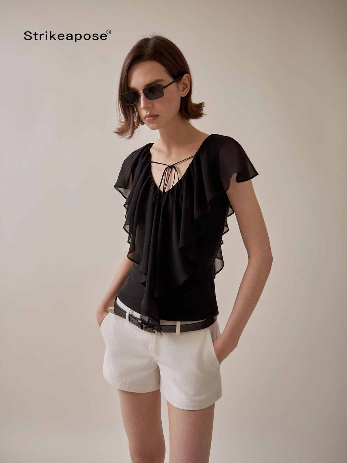 STRIKE A POSE Ruffle Trim V-neck Knit Lyocell Women&
