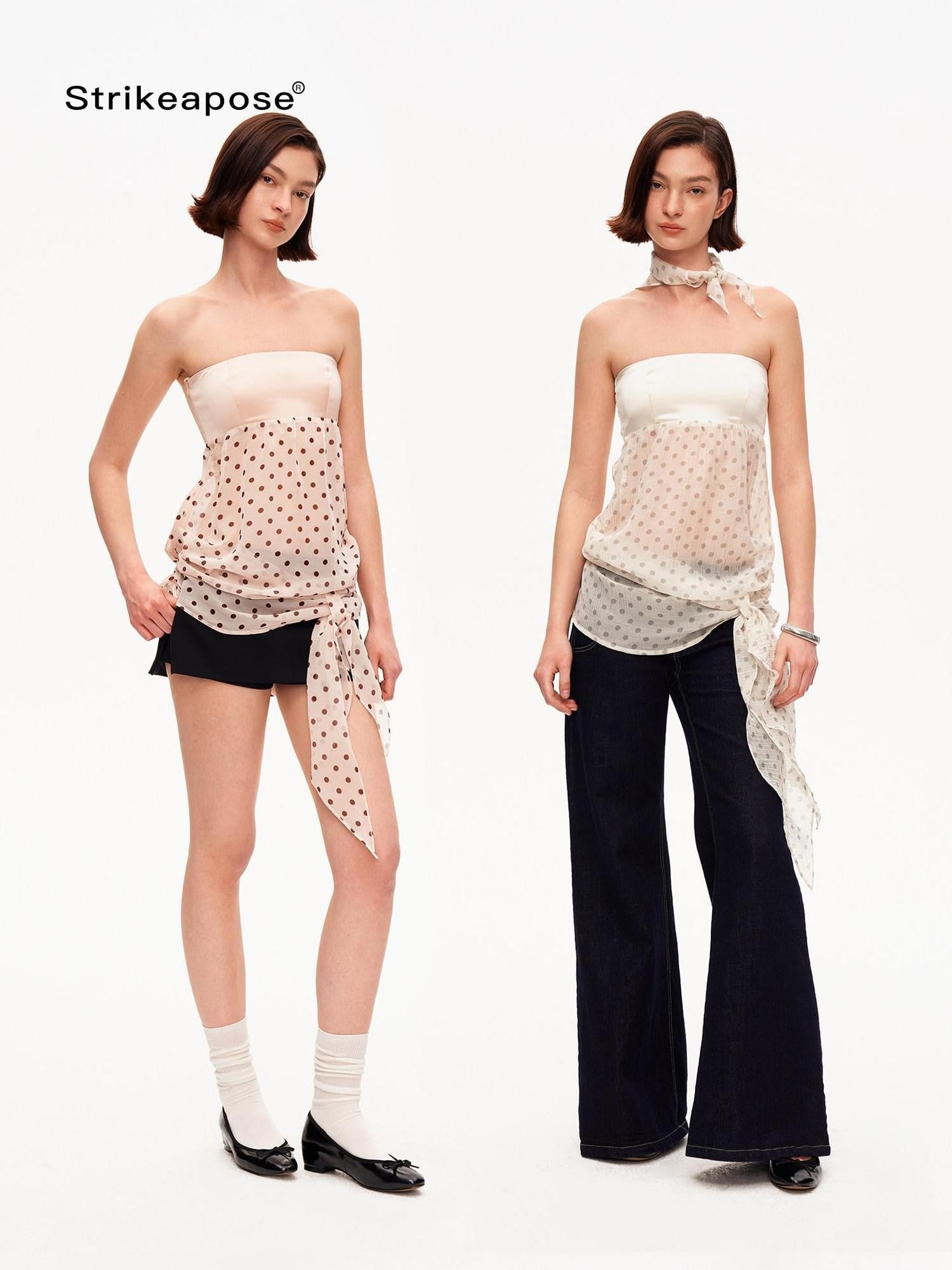 STRIKE A POSE Satin Polka Dot Mesh Drawstring Hem Women&
