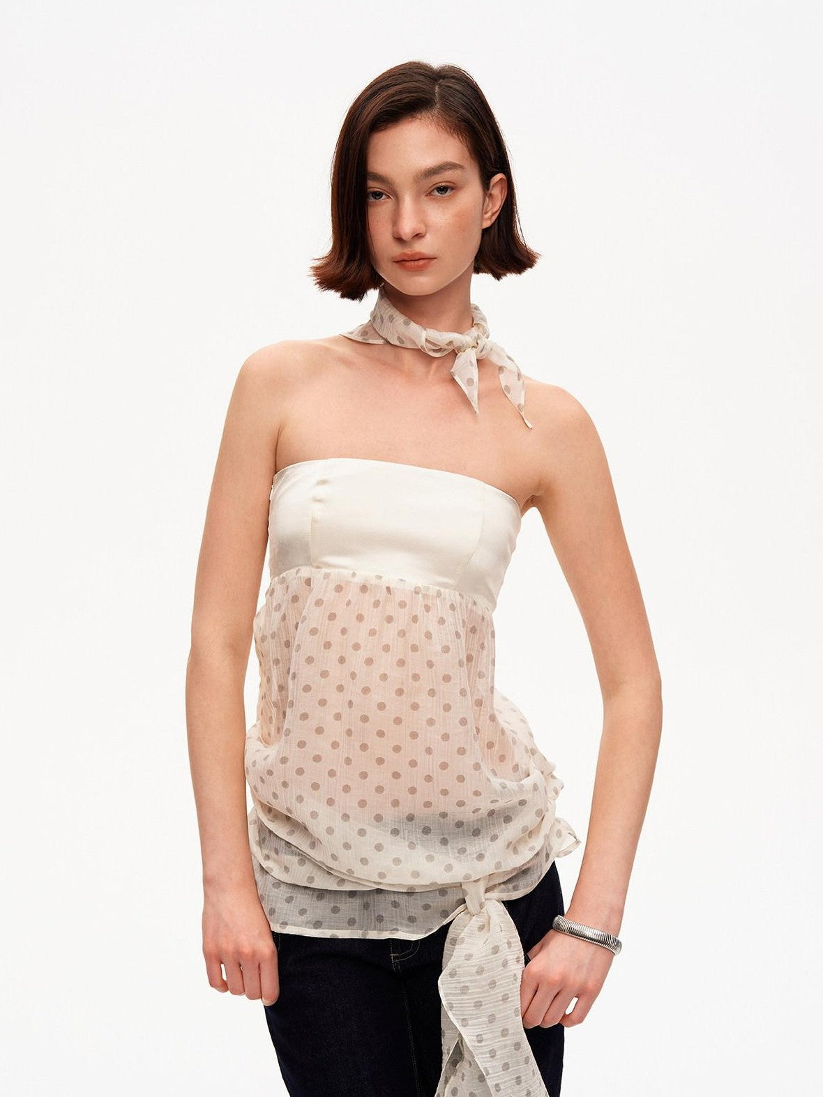 STRIKE A POSE Satin Polka Dot Mesh Drawstring Hem Women&