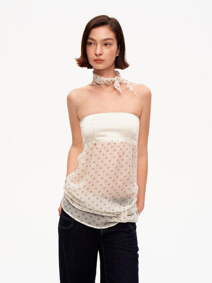 STRIKE A POSE Satin Polka Dot Mesh Drawstring Hem Women&