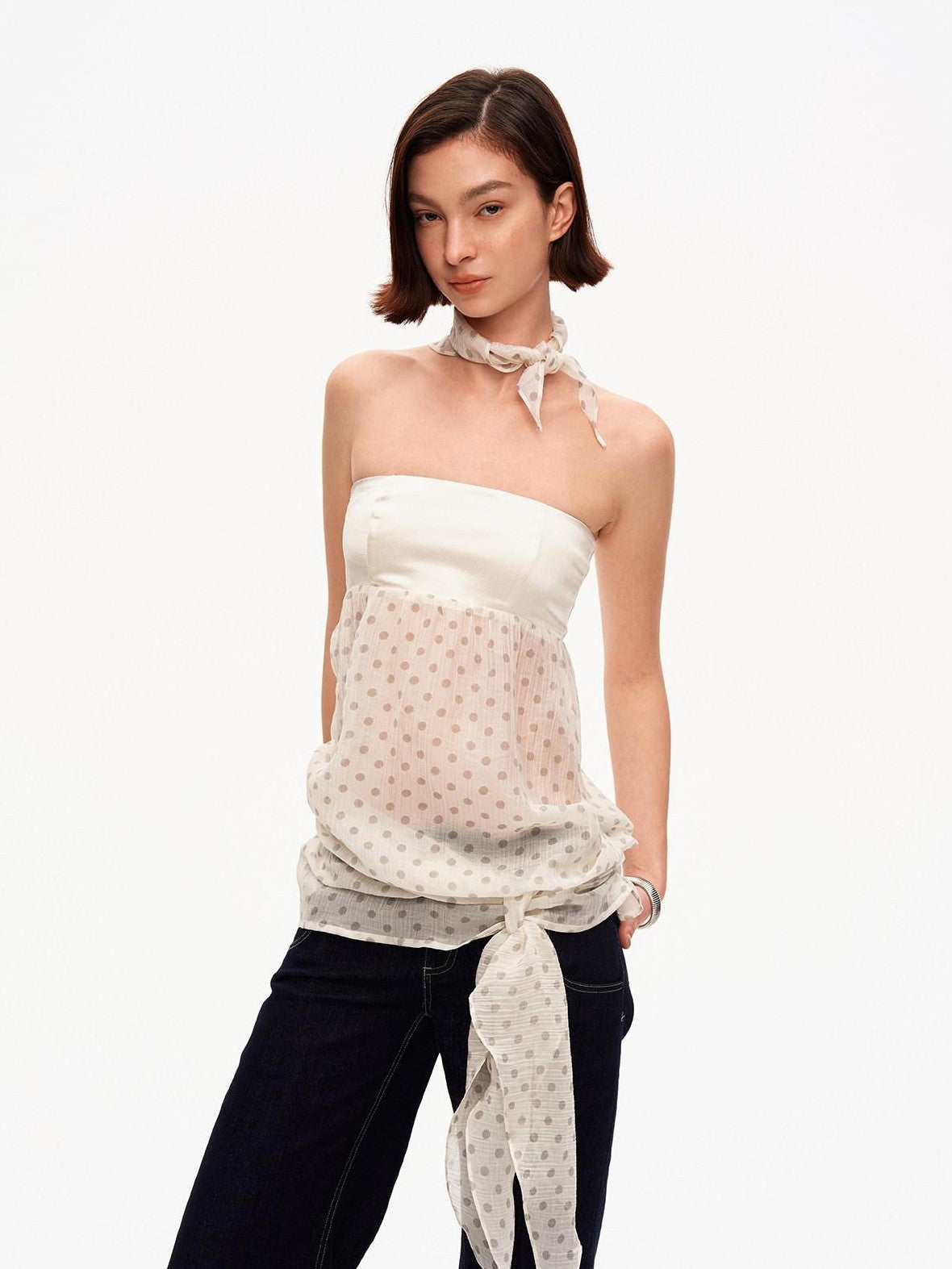 STRIKE A POSE Satin Polka Dot Mesh Drawstring Hem Women&