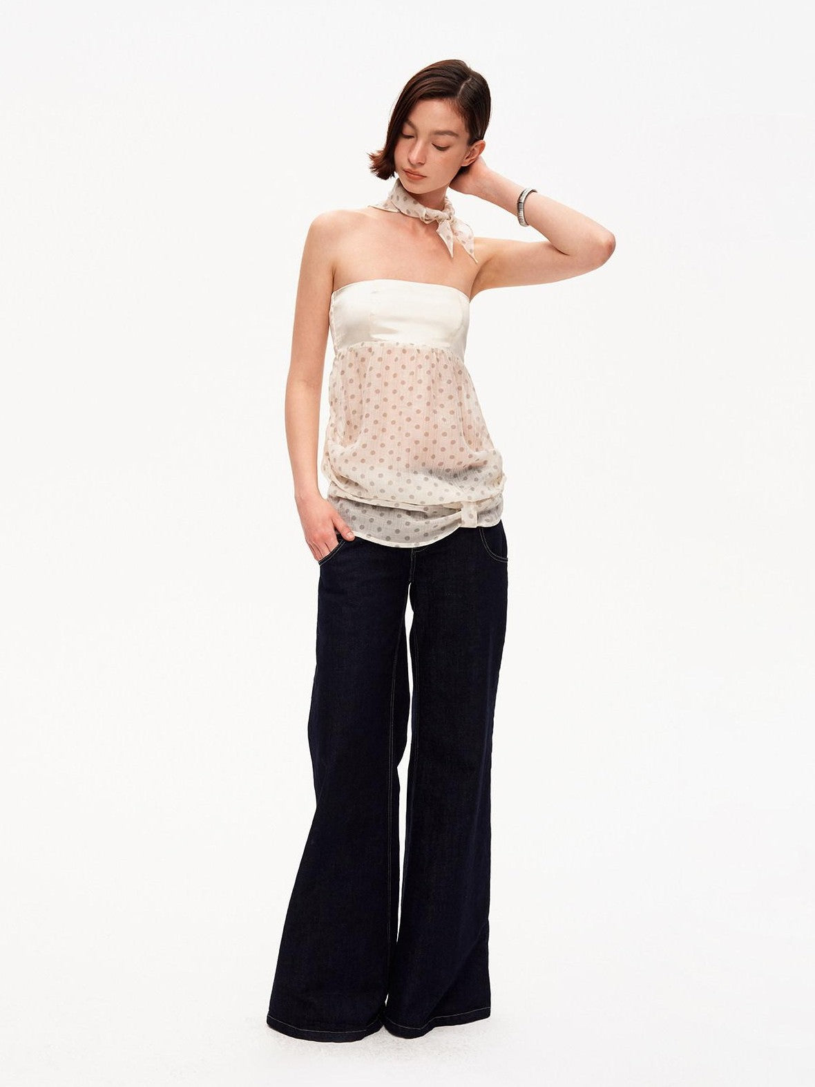 STRIKE A POSE Satin Polka Dot Mesh Drawstring Hem Women&
