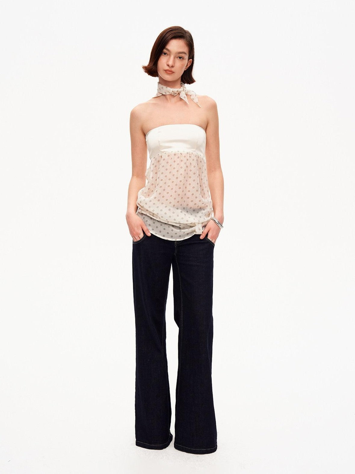 STRIKE A POSE Satin Polka Dot Mesh Drawstring Hem Women&