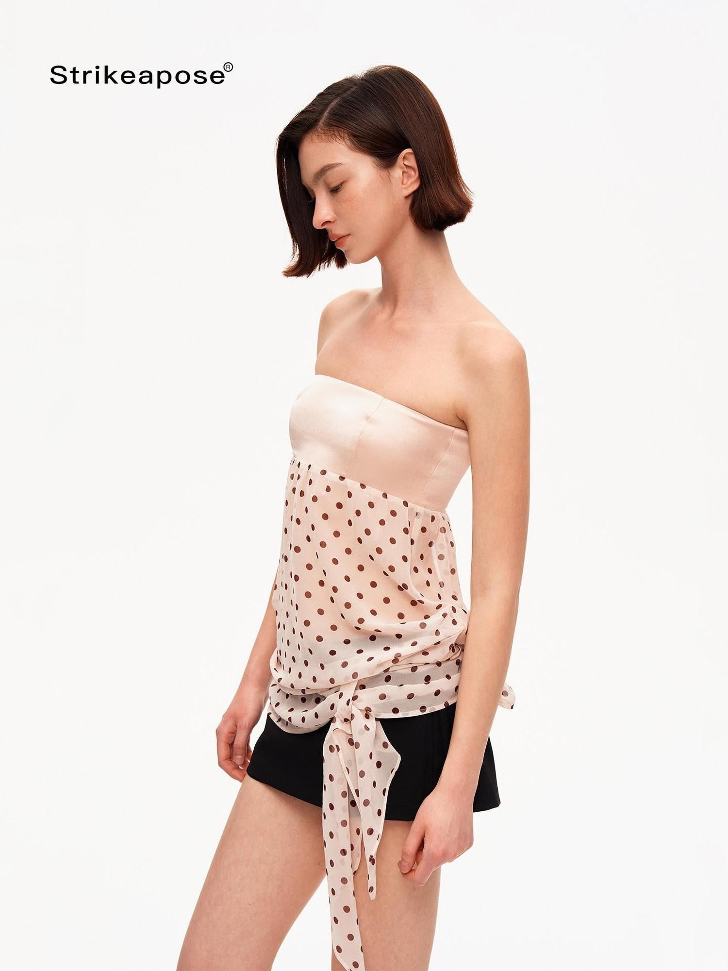 STRIKE A POSE Satin Polka Dot Mesh Drawstring Hem Women&