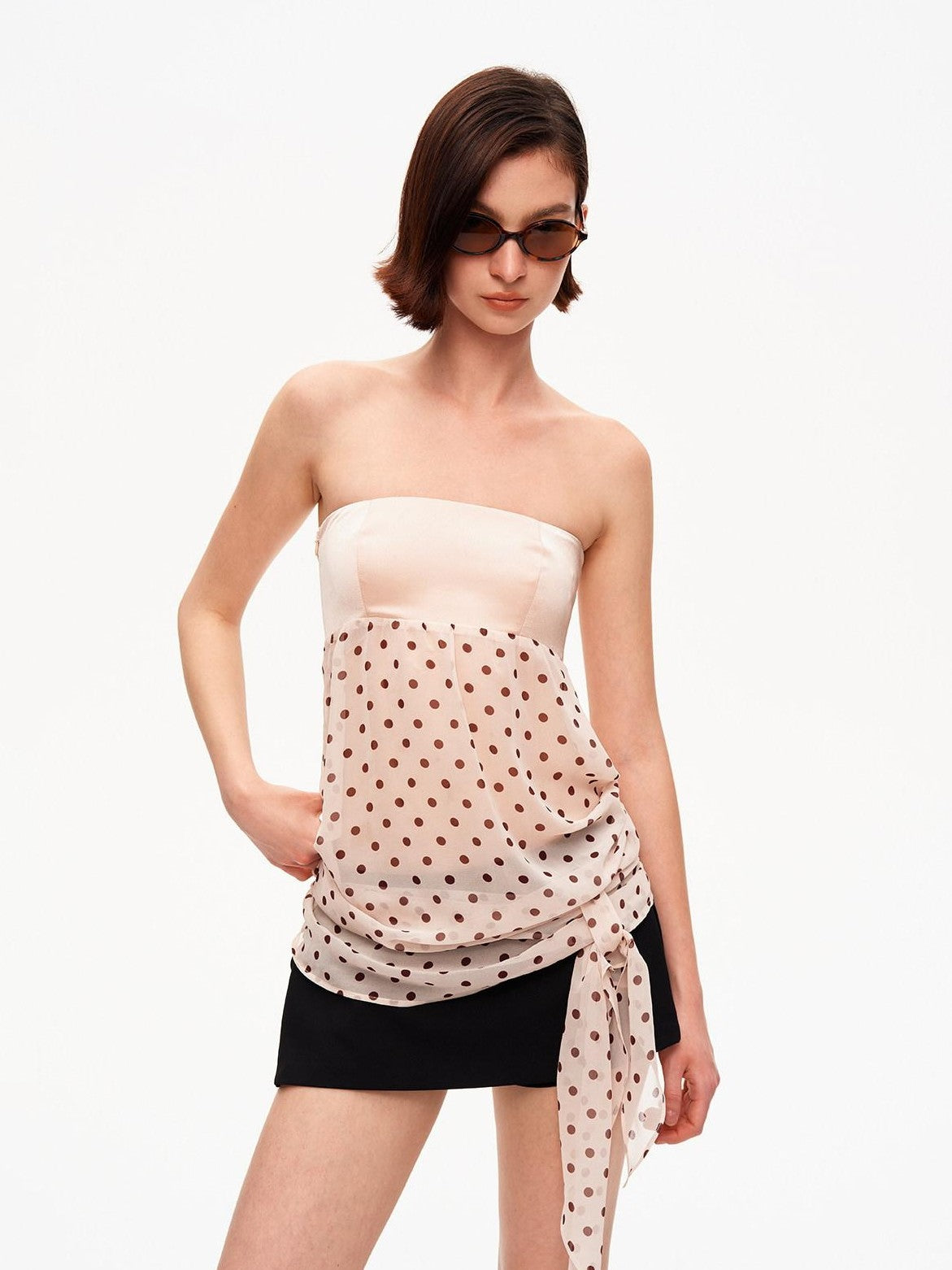 STRIKE A POSE Satin Polka Dot Mesh Drawstring Hem Women&