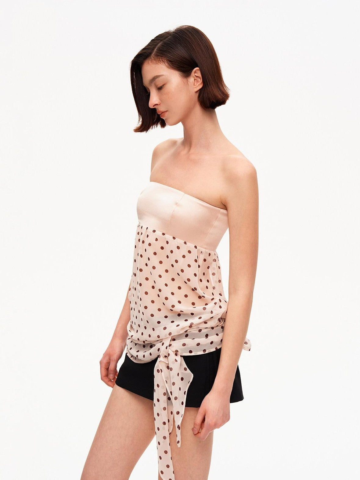 STRIKE A POSE Satin Polka Dot Mesh Drawstring Hem Women&