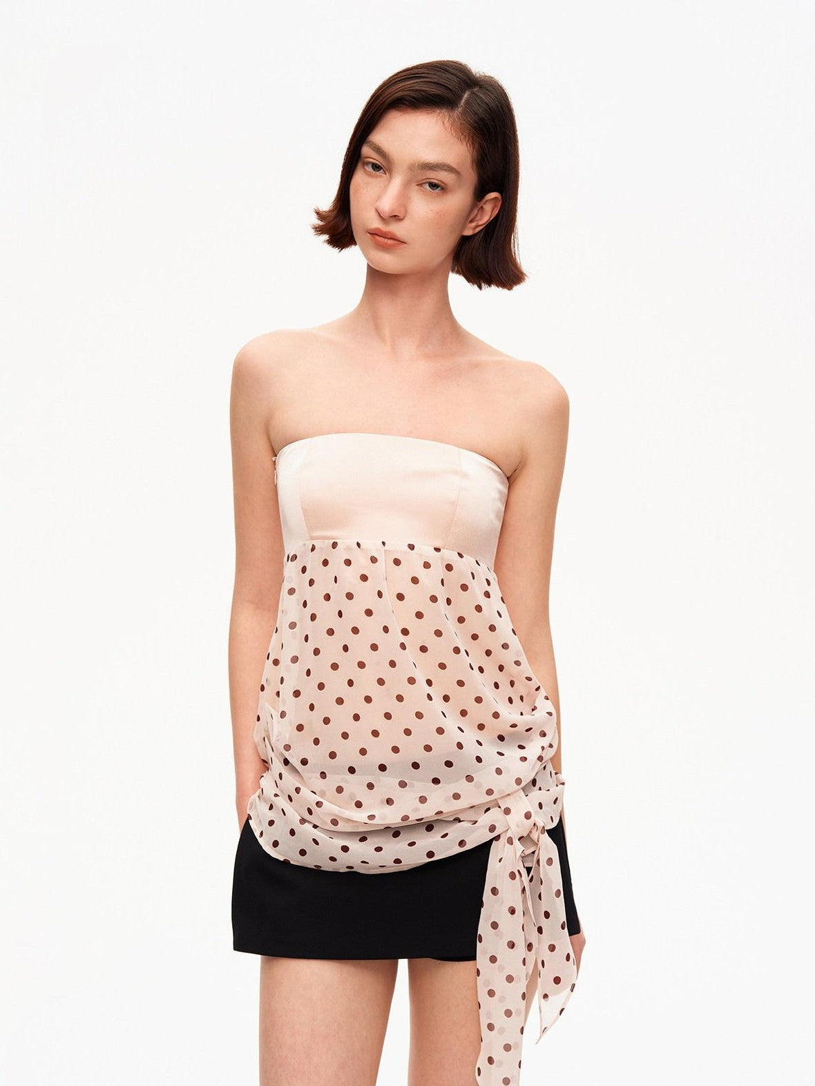 STRIKE A POSE Satin Polka Dot Mesh Drawstring Hem Women&