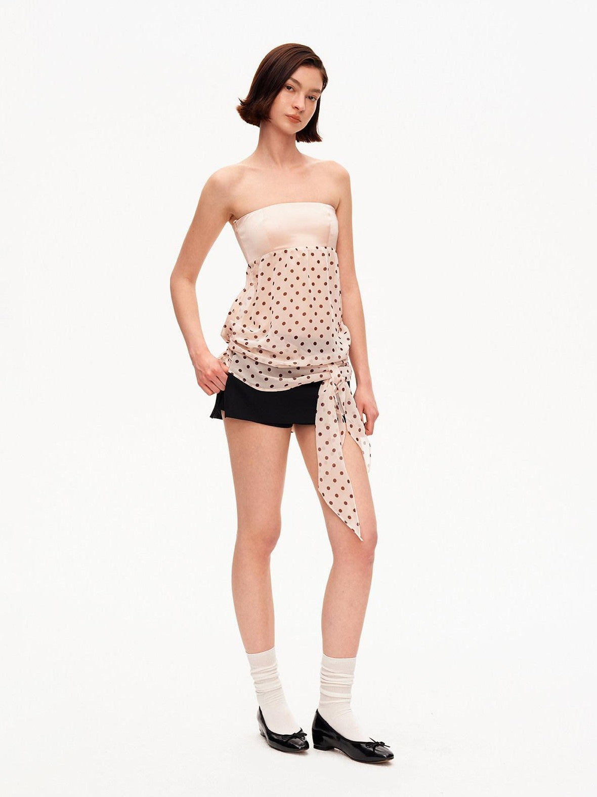 STRIKE A POSE Satin Polka Dot Mesh Drawstring Hem Women&
