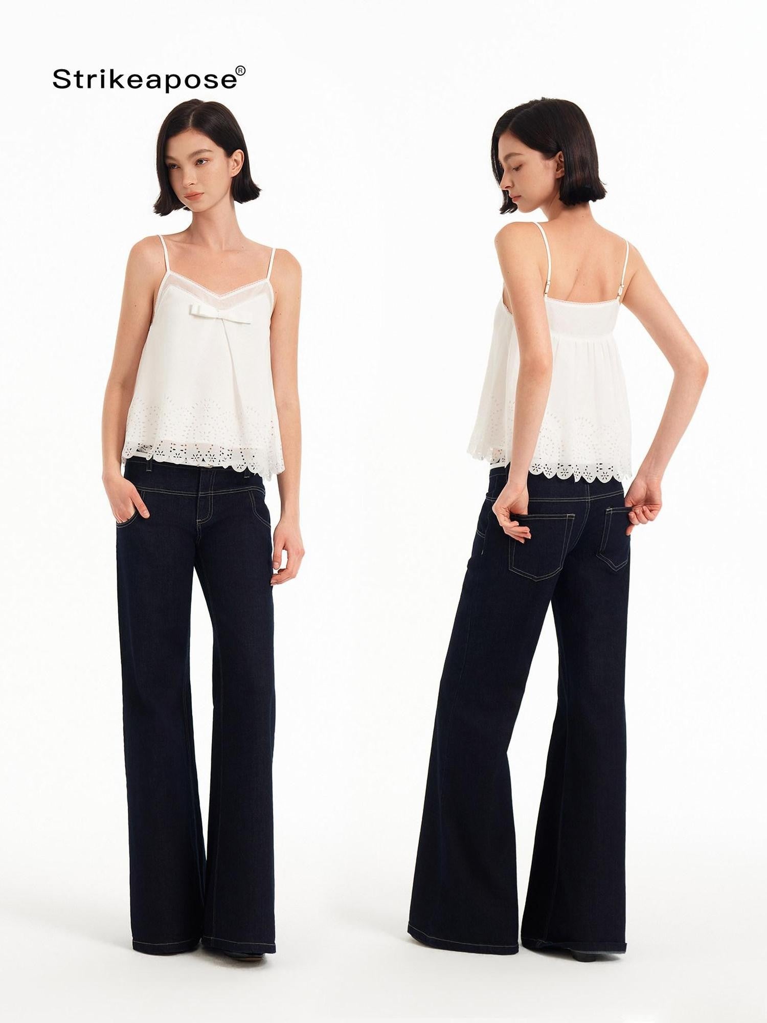 STRIKE A POSE Sheer Lace Hollow V-neck 3d Bow A Line Women&