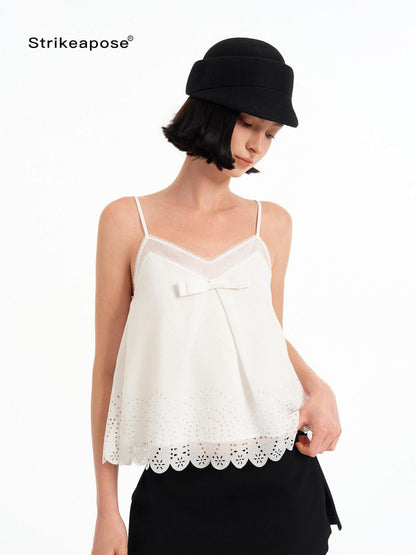 STRIKE A POSE Sheer Lace Hollow V-neck 3d Bow A Line Women&