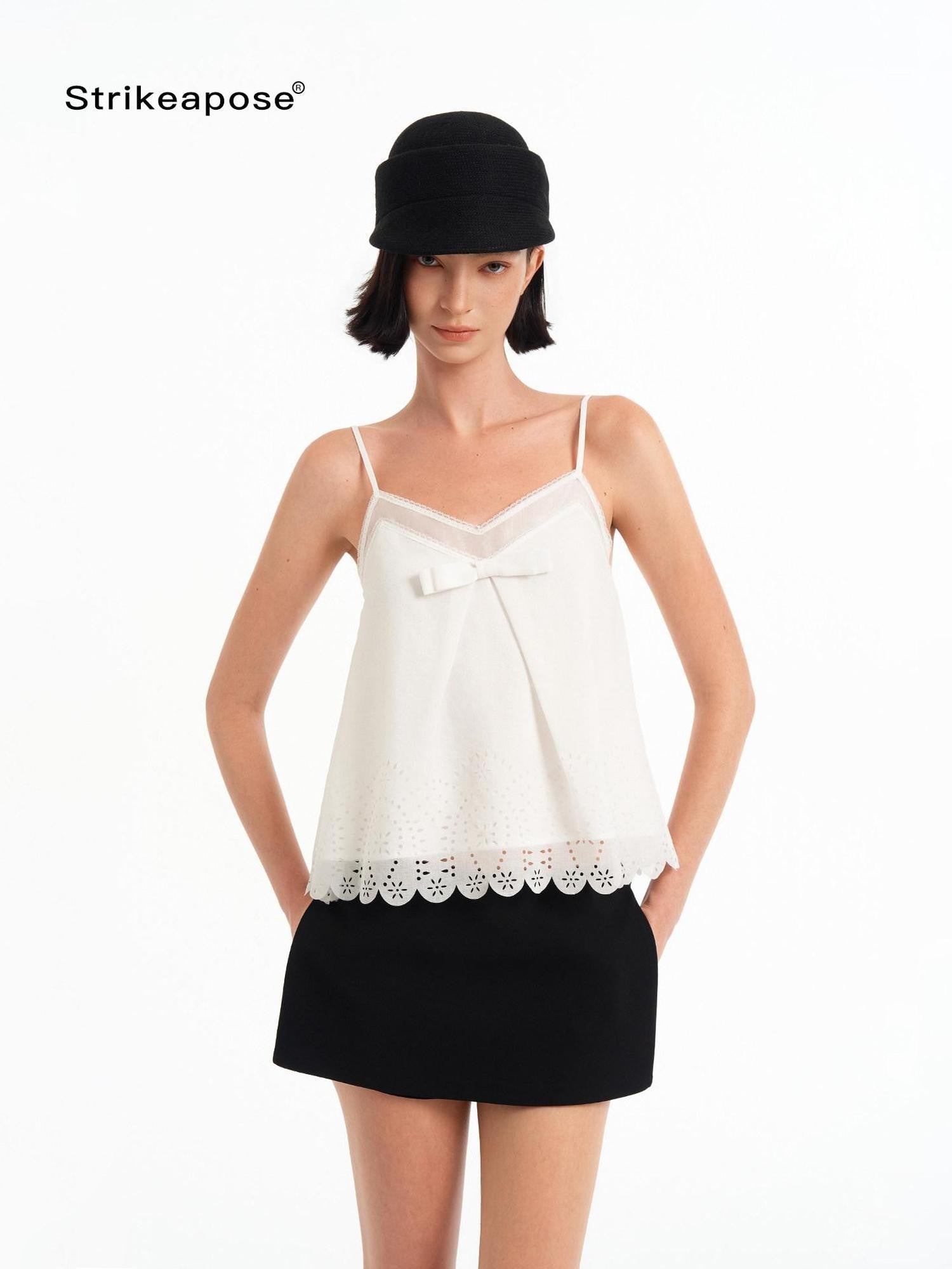 STRIKE A POSE Sheer Lace Hollow V-neck 3d Bow A Line Women&