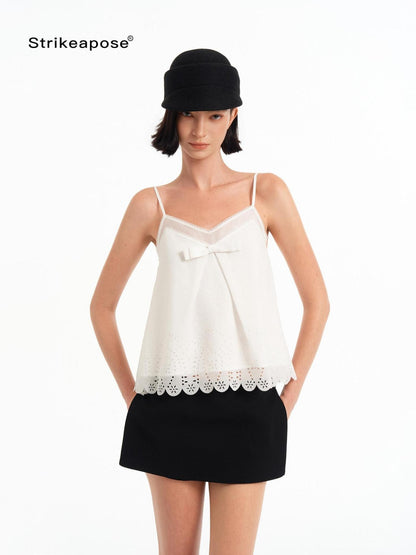 STRIKE A POSE Sheer Lace Hollow V-neck 3d Bow A Line Women&