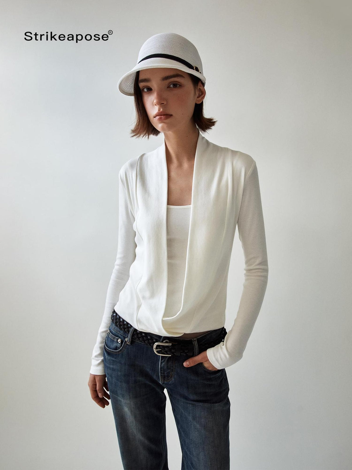 STRIKE A POSE Solid Color Mock Layered Draped Neck Modal Knit Women&